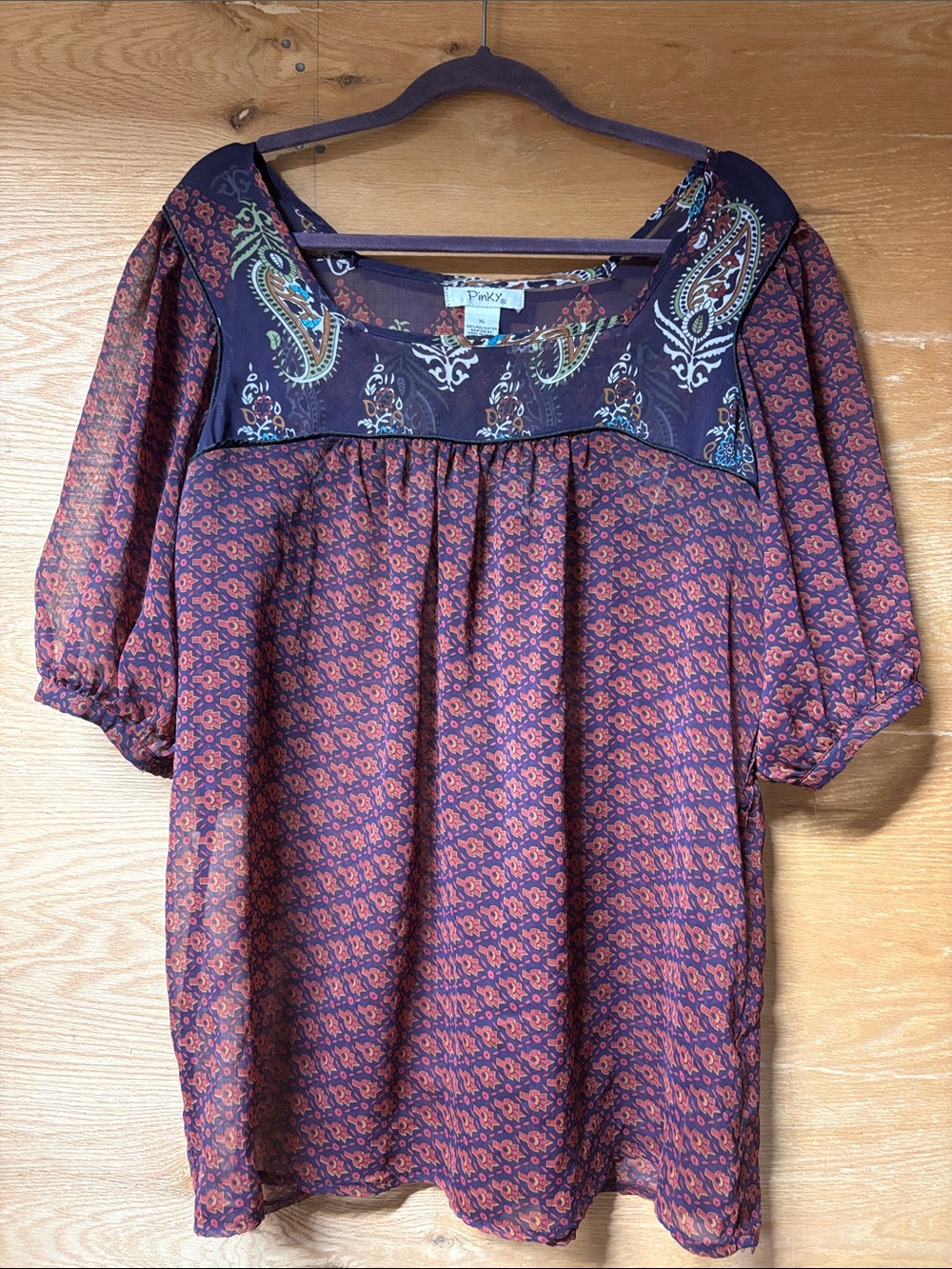 Pinky Navy and Burgundy Paisley Yoke Peasant Blouse